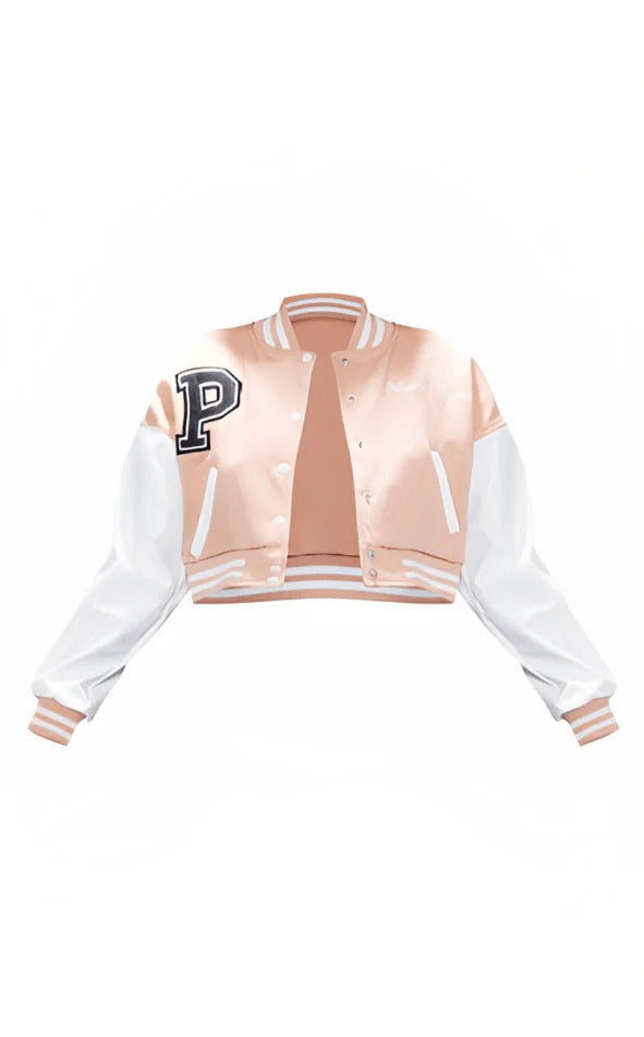 Women's Light Pink Varsity Leather Bomber Jacket