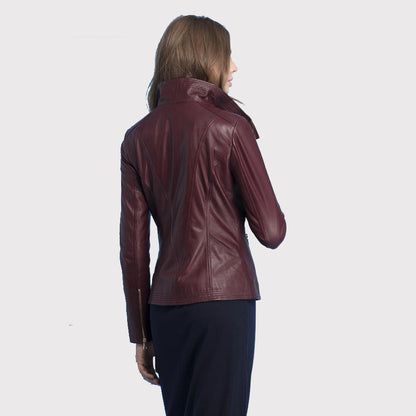 Women's Maroon Leather Jacket with Stitched Collar