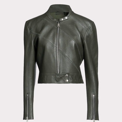 Military Green Leather Jacket for Women - Fashionable Outerwear