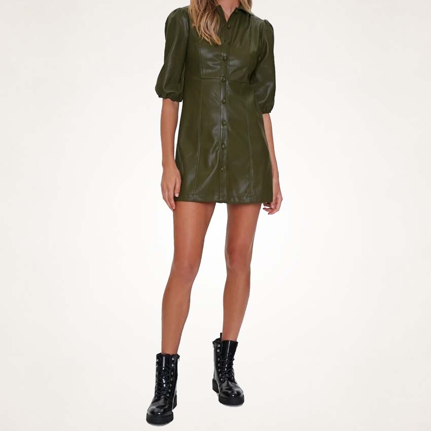 olive green shirt dress womens Elyressa Women's Elegant French Style Olive Green Long Sleeve Shirt Dress,Autumn Office Business Commute Fashion Vintage Gold Button Decor A-Line Silhouette