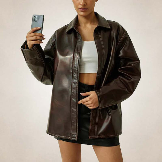 Women’s Oversized Brown Leather Shirt Jacket