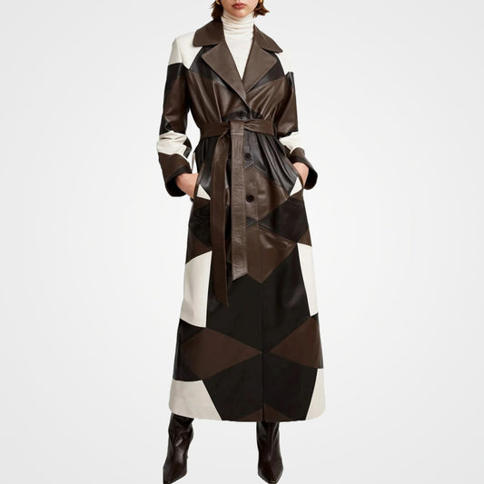 Women's Patchwork Leather Overcoat - Trendy Three-Tone Coat