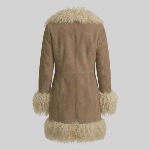 Vintage 70s women’s suede coat with Mongolian-style fur collar