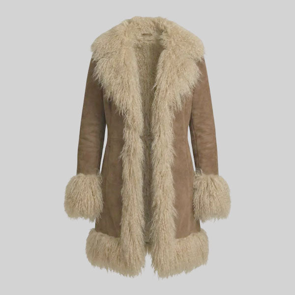 Women’s Penny Lane brown suede Afghan coat with cream fur trim