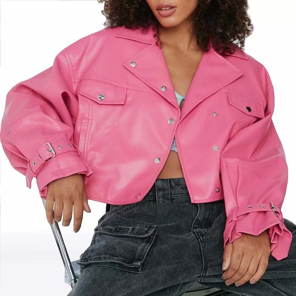 Women's Pink Cropped Leather Biker Jacket – Short Moto Style