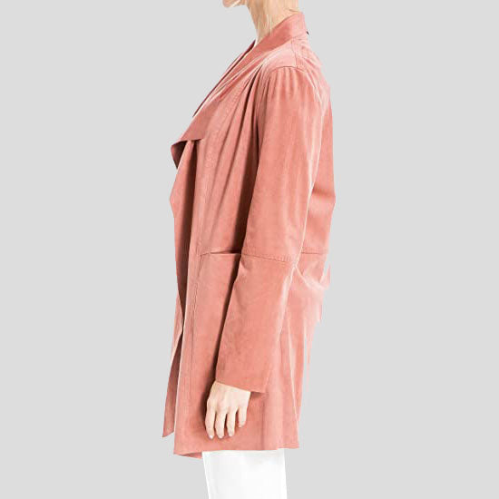 Pink Suede Leather Long Jacket for Women