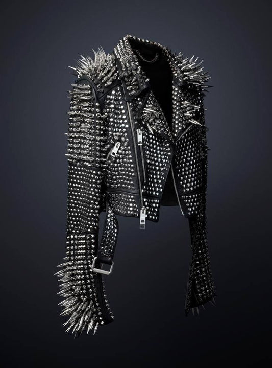 Women's Genuine Punk Style Leather Jacket with Large Silver Spikes and Studs