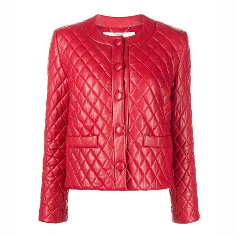 womens quilted red leather jacket collarless design