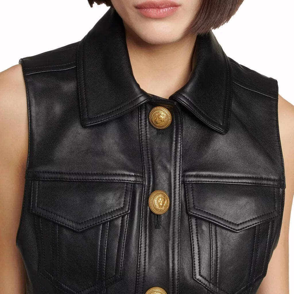 Women’s Real Leather Black Cropped Biker Vest