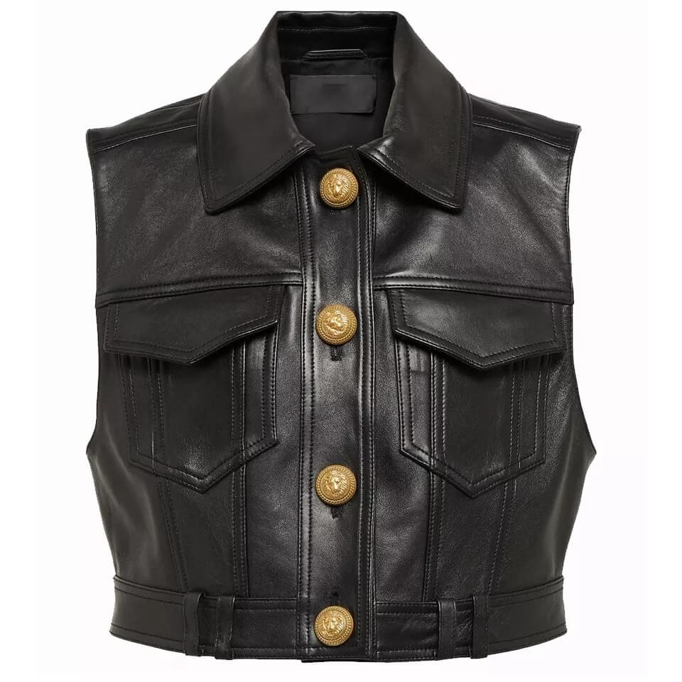 Women’s Real Leather Black Cropped Biker Vest