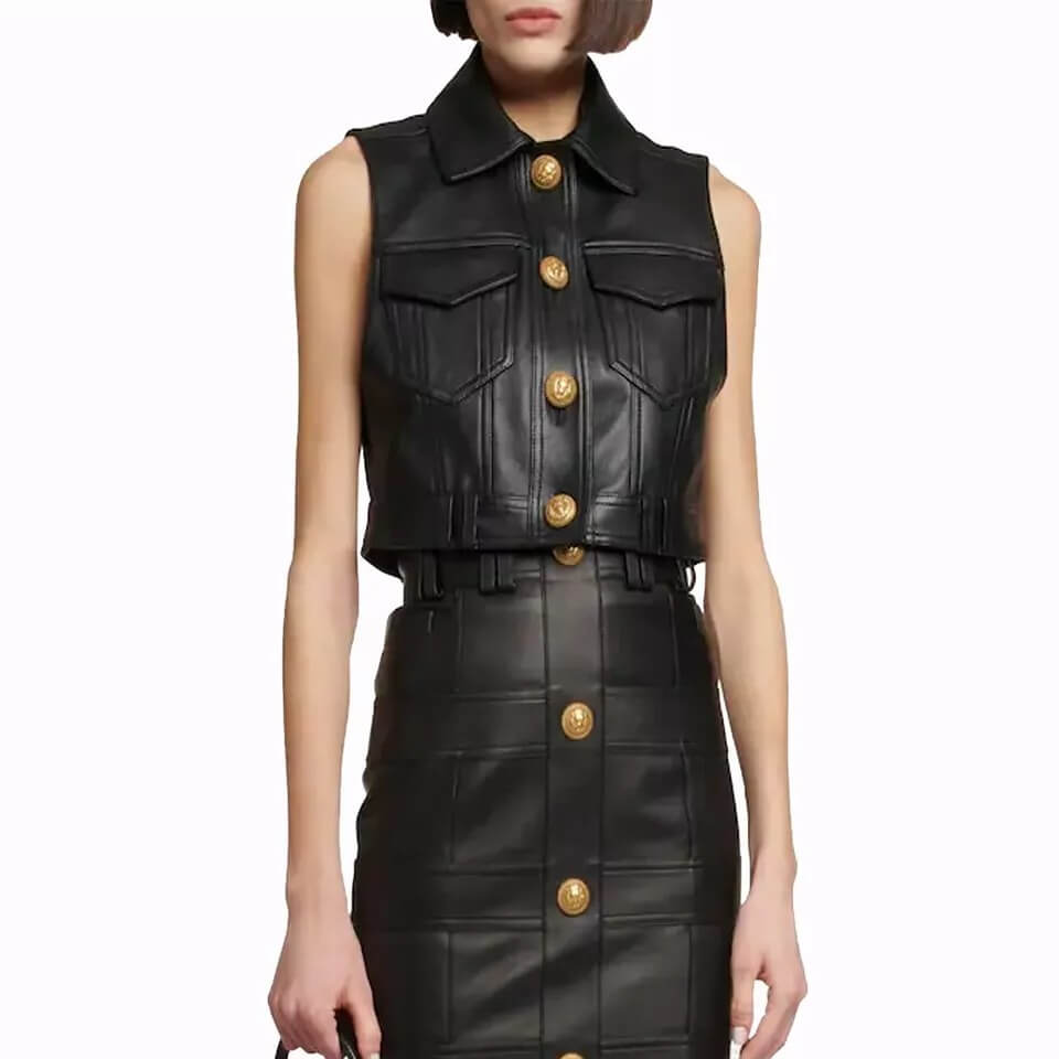 Women’s Real Leather Black Cropped Biker Vest