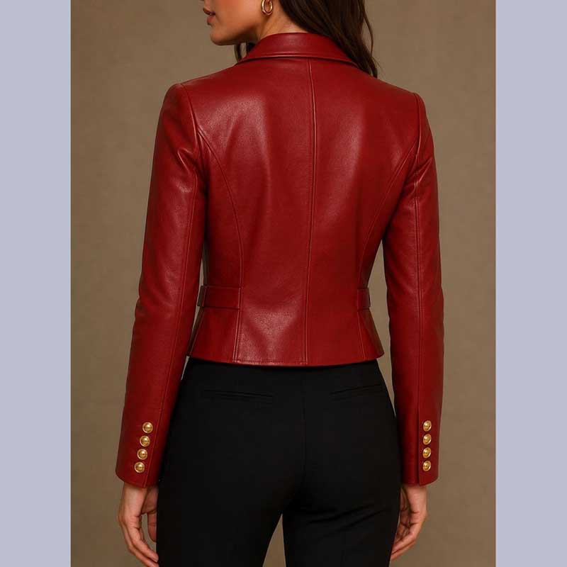 Women's Red Double-Breasted Leather Blazer with Gold-Tone Buttons | Jackets Kingdom