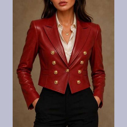 Women's Red Cropped Leather Blazer Jacket by Jackets Kingdom