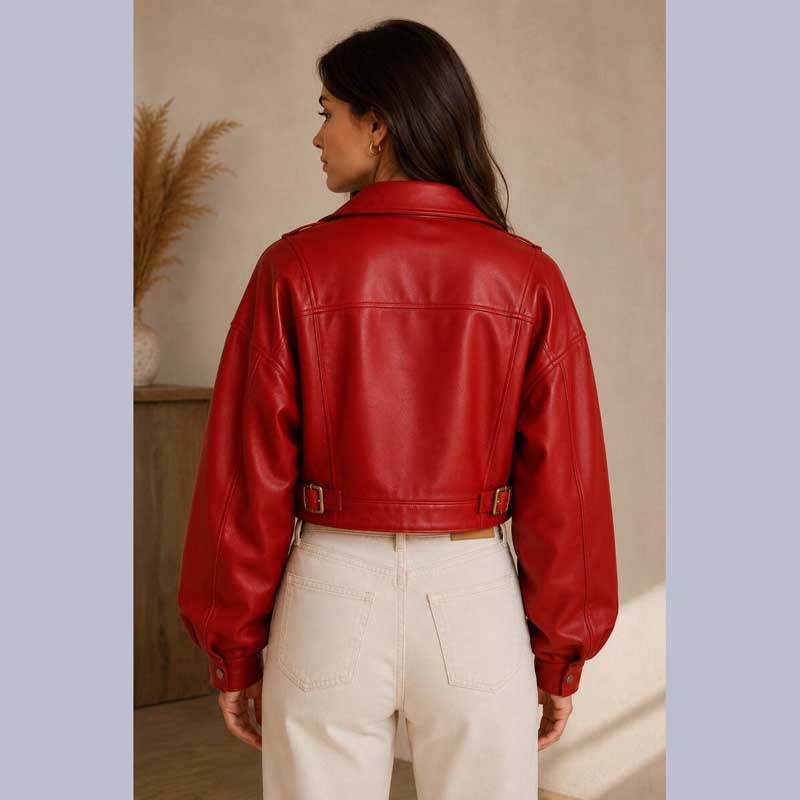 Women's Red Oversized Cropped Leather Bomber Jacket | Jackets Kingdom