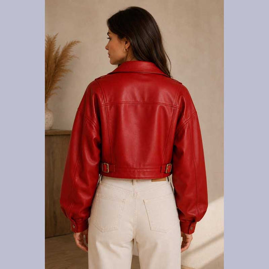 Women's Red Oversized Cropped Leather Bomber Jacket | Jackets Kingdom
