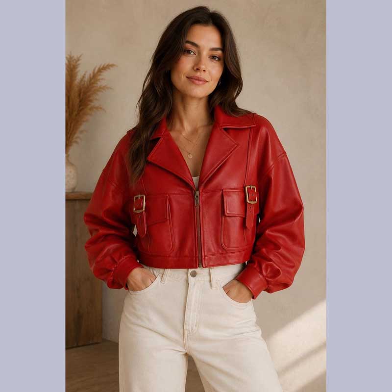 Women's Red Cropped Leather Bomber Jacket by Jackets Kingdom