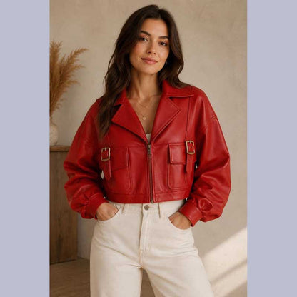 Women's Red Cropped Leather Bomber Jacket by Jackets Kingdom