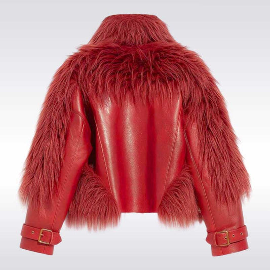 Women’s Red Faux Fur Shearling Leather Jacket