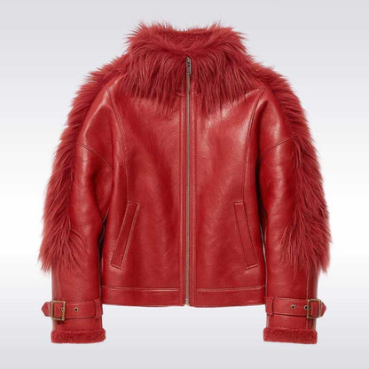 Women’s Red Faux Fur Shearling Leather Jacket