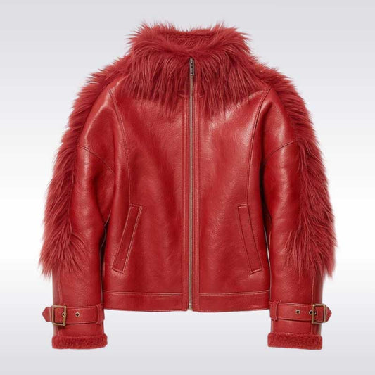 Women’s Red Faux Fur Shearling Leather Jacket