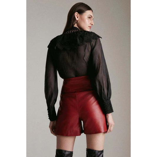 Women's Red High-Waist Military Button Leather Shorts