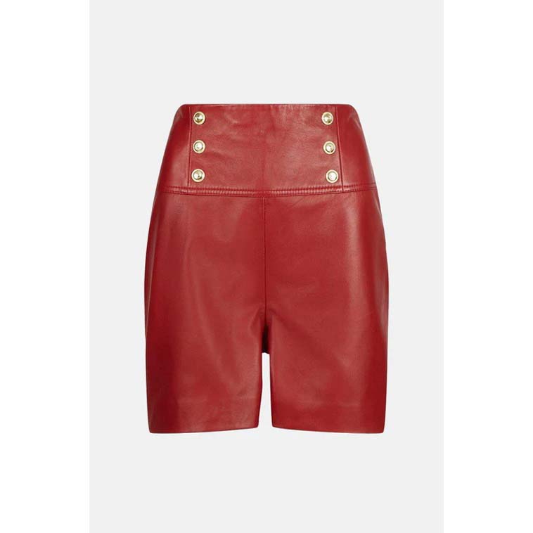 Women's Red High-Waist Military Button Leather Shorts