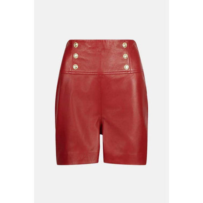 Women's Red High-Waist Military Button Leather Shorts