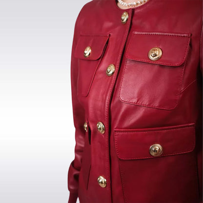 Women’s Red Leather Military Jacket