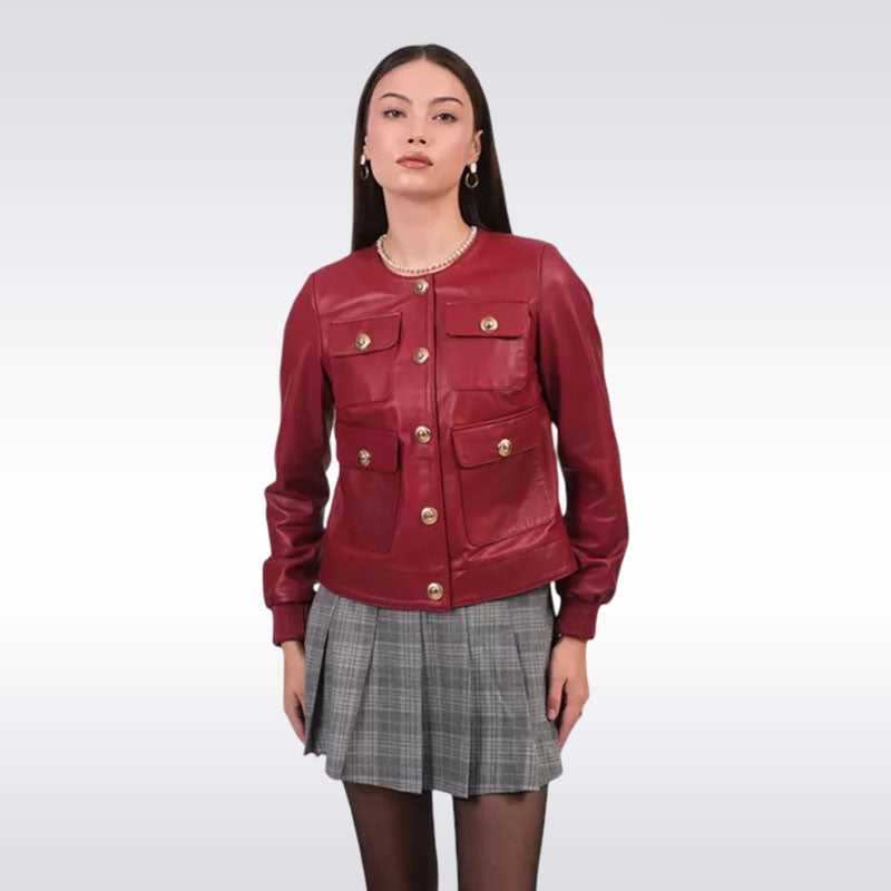 Women’s Red Leather Military Jacket