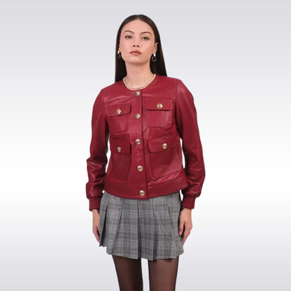 Women’s Red Leather Military Jacket