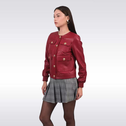Women’s Red Leather Military Jacket