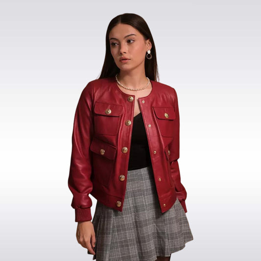 Women’s Red Leather Military Jacket