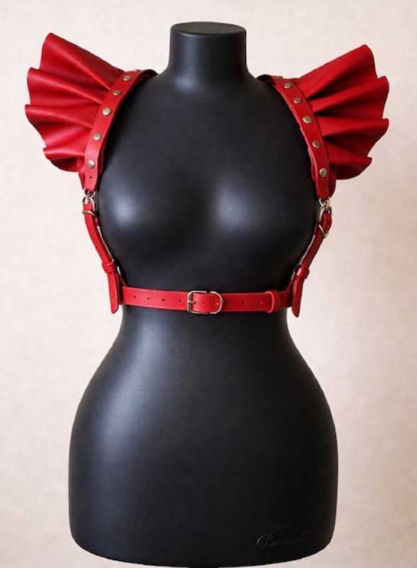 Womens Red Leather Ruffle Shoulder Harness