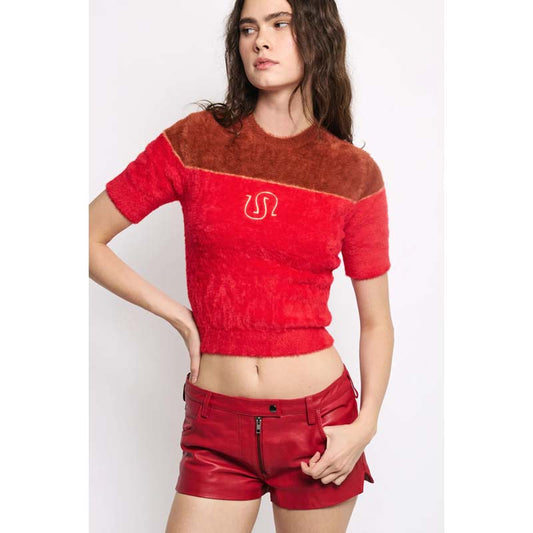 Women's Red Low-Rise Nappa Leather Micro Shorts