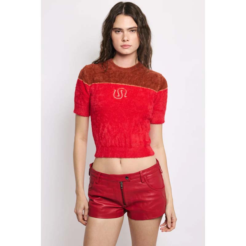 Women's Red Low-Rise Nappa Leather Micro Shorts