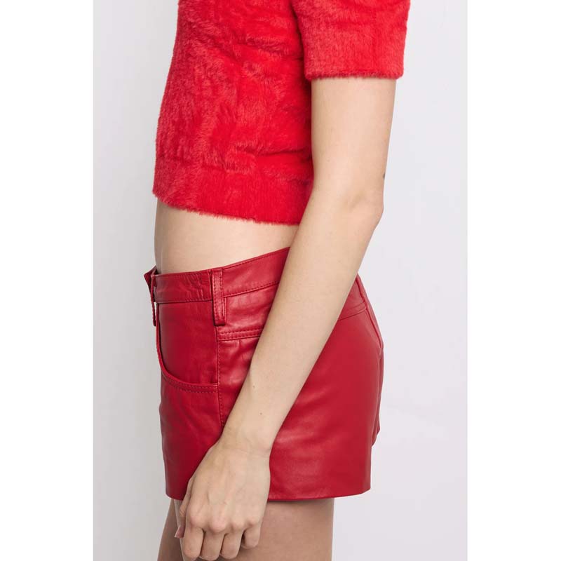 Women's Red Low-Rise Nappa Leather Micro Shorts