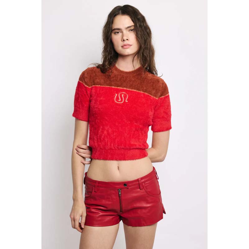 Women's Red Low-Rise Nappa Leather Micro Shorts