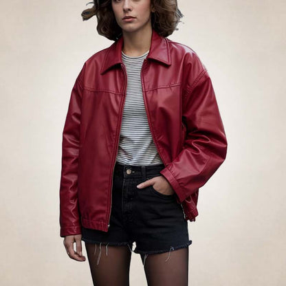 Women's red oversized leather bomber jacket with streetwear style