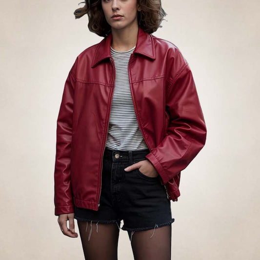Women's red oversized leather bomber jacket with streetwear style