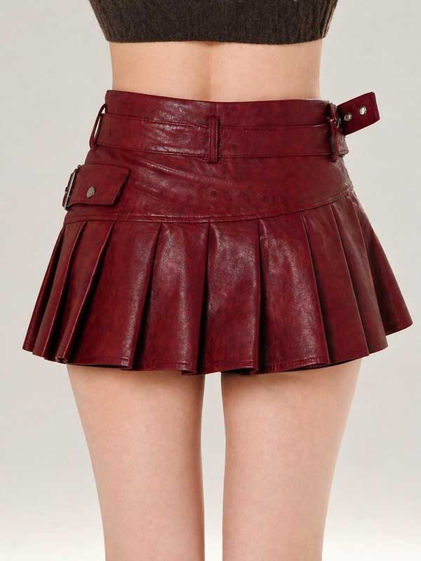 Womens Red Sheepskin Leather Pleated Mini Skirt
