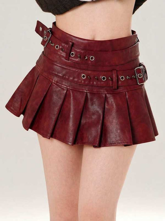 Womens Red Sheepskin Leather Pleated Mini Skirt