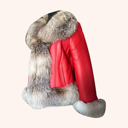 Women's Red Sheepskin Shearling Coat with Crystal Fox Fur
