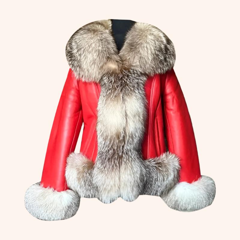 Women's Red Sheepskin Shearling Coat with Crystal Fox Fur