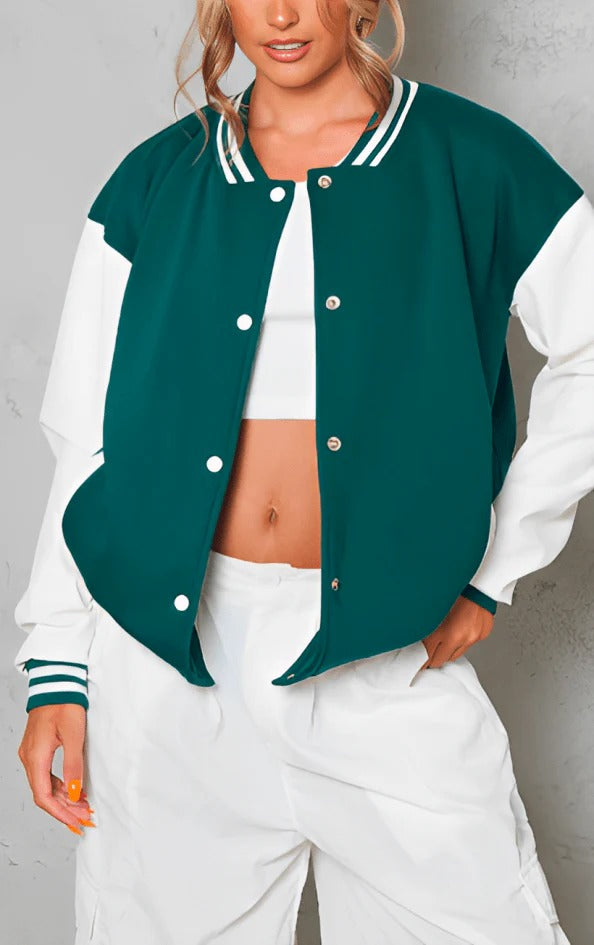 Women's Sea Green Varsity Leather Bomber Jacket