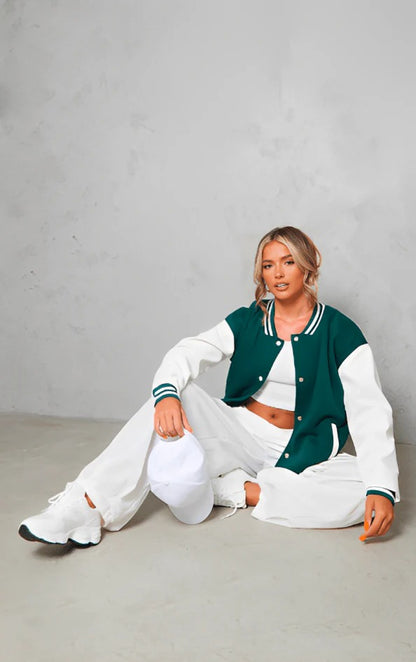 Women's Sea Green Varsity Leather Bomber Jacket