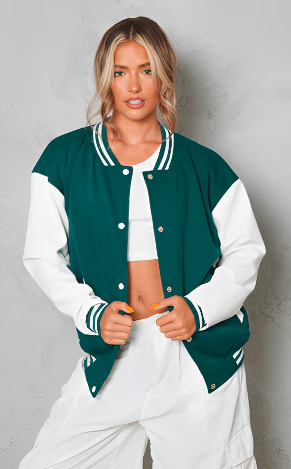 Women's Sea Green Varsity Leather Bomber Jacket