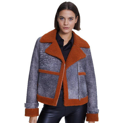 Women's Sheepskin Fashion Jacket with Orange Curly Fur