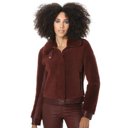 Women's Burgundy Short Sheepskin Fur Jacket with Curly Fur