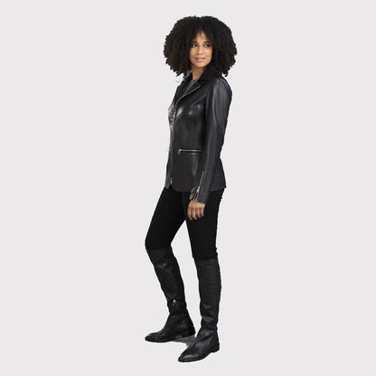 Women's Slim Fit Black Leather Jacket in Blazer Style