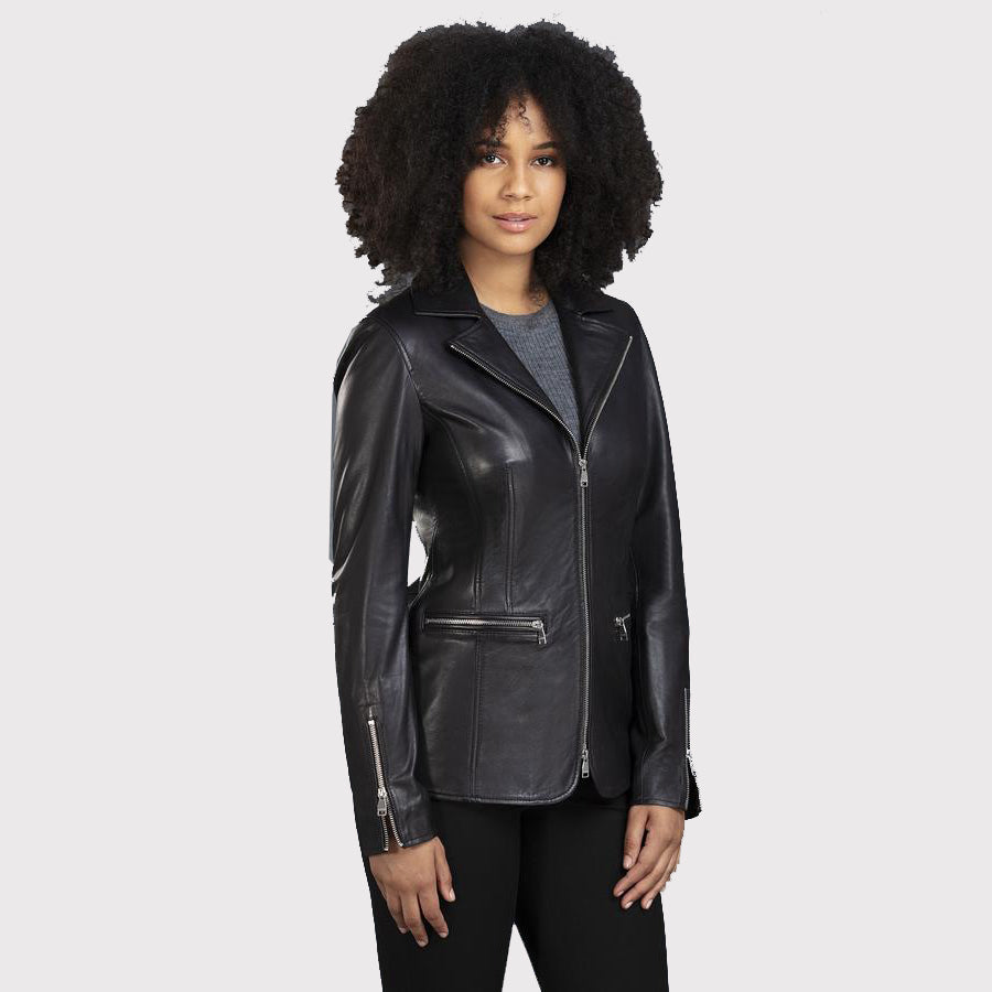 Women's Slim Fit Black Leather Blazer Jacket
